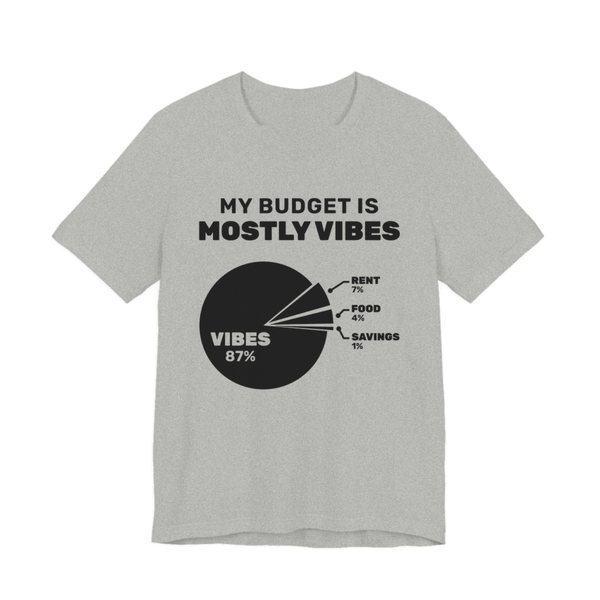 Athletic Heather t-shirt printed in dark ink with “My Budget Is Mostly Vibes” above a pie chart: vibes 87%, rent 7%, food 4%, savings 1%