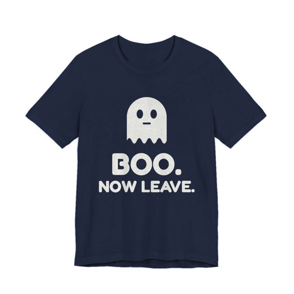 Navy t-shirt printed in off-white ink with a small ghost above “Boo. Now Leave.”