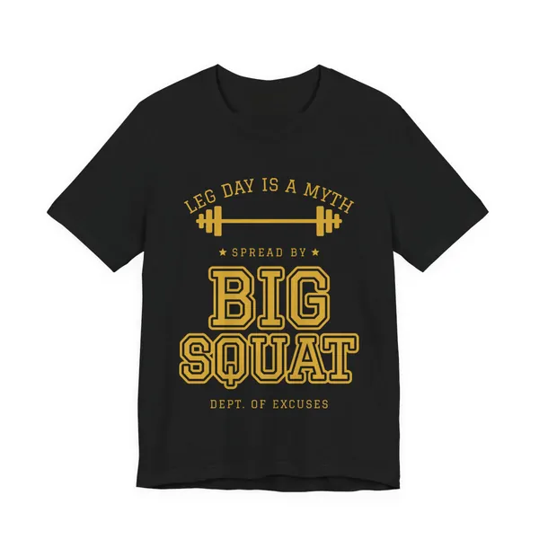 Leg Day Is a Myth Spread by Big Squat tee printed in gold ink on a black shirt