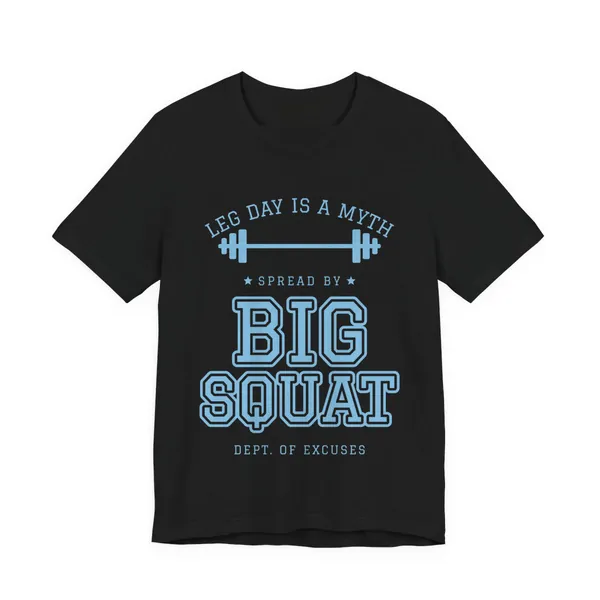 Leg Day Is a Myth Spread by Big Squat tee printed in sky blue ink on a black shirt