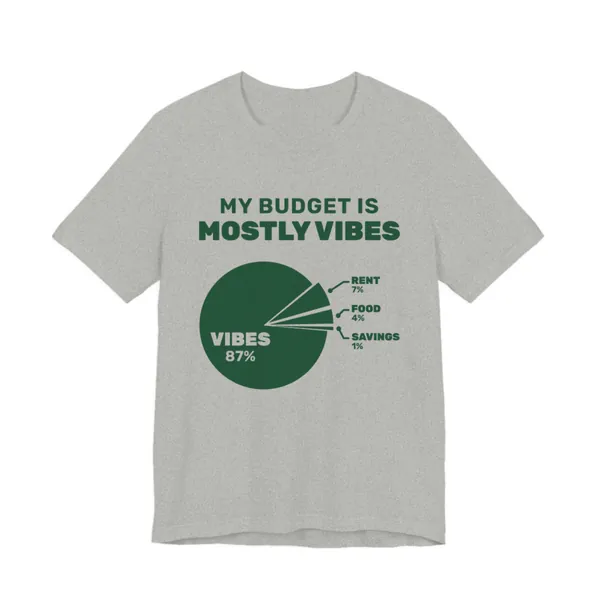 My Budget Is Mostly Vibes tee printed in forest green ink on a athletic heather shirt
