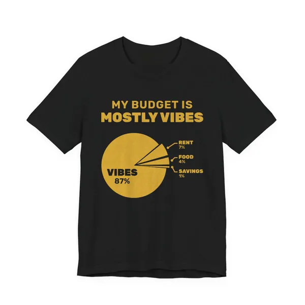 My Budget Is Mostly Vibes tee printed in gold ink on a black shirt