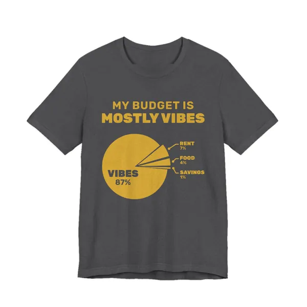 My Budget Is Mostly Vibes tee printed in gold ink on a dark grey heather shirt
