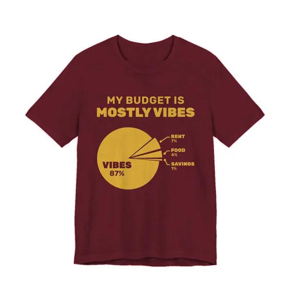 My Budget Is Mostly Vibes tee printed in gold ink on a maroon shirt