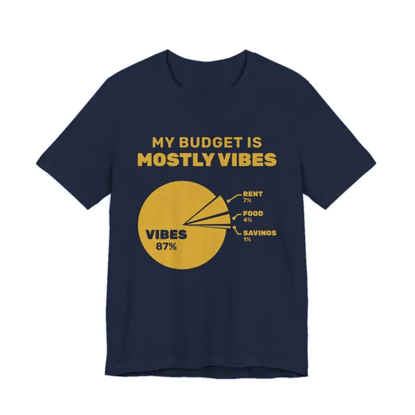 My Budget Is Mostly Vibes tee printed in gold ink on a navy shirt