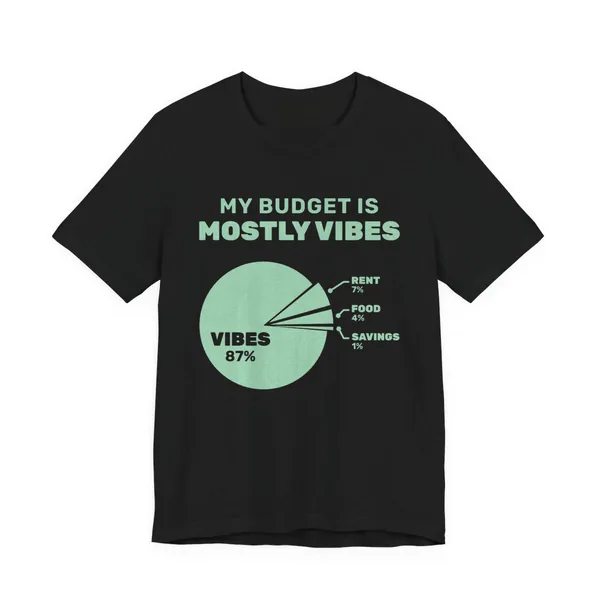 My Budget Is Mostly Vibes tee printed in mint green ink on a black shirt