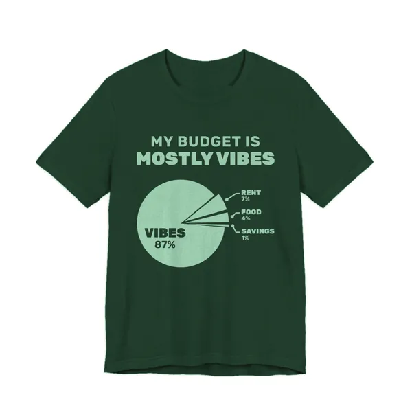 My Budget Is Mostly Vibes tee printed in mint green ink on a forest shirt
