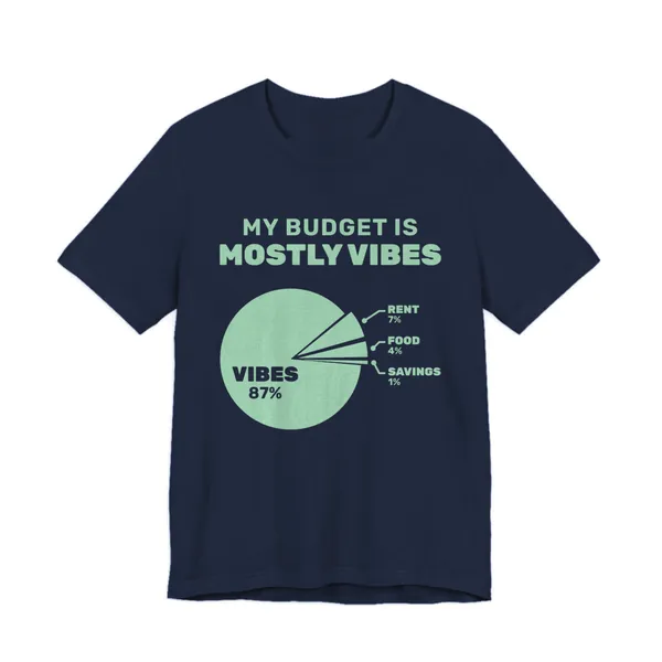 My Budget Is Mostly Vibes tee printed in mint green ink on a navy shirt