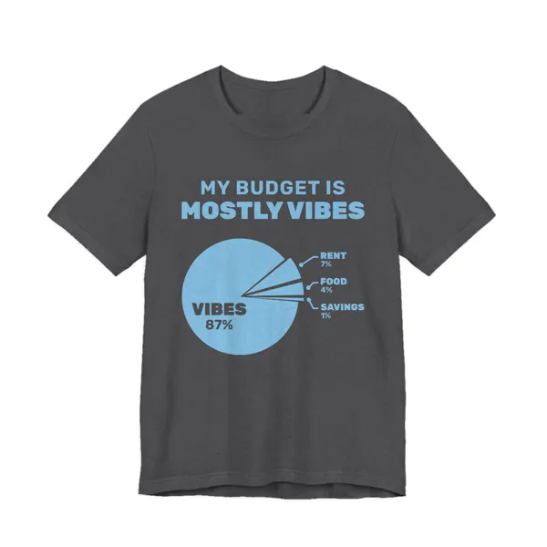 My Budget Is Mostly Vibes tee printed in sky blue ink on a dark grey heather shirt