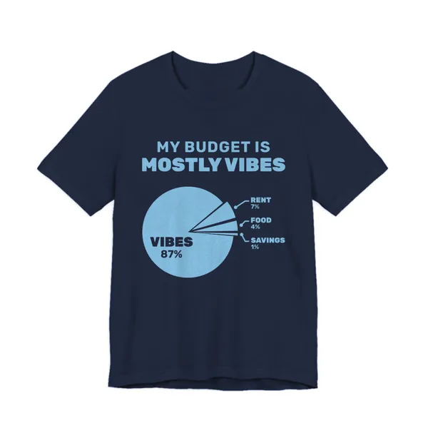 My Budget Is Mostly Vibes tee printed in sky blue ink on a navy shirt