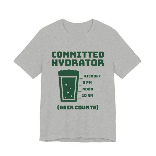 Committed Hydrator (Beer Counts) tee printed in forest green ink on a athletic heather shirt