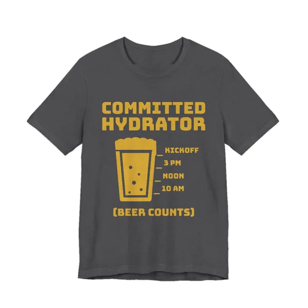 Committed Hydrator (Beer Counts) tee printed in gold ink on a dark grey heather shirt