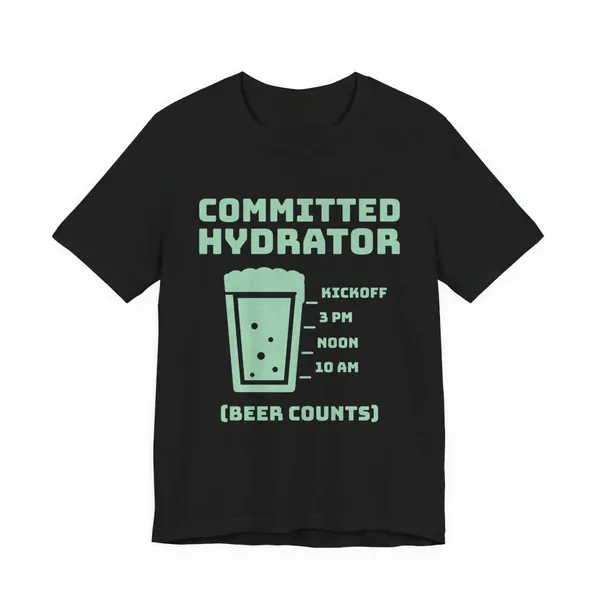 Committed Hydrator (Beer Counts) tee printed in mint green ink on a black shirt