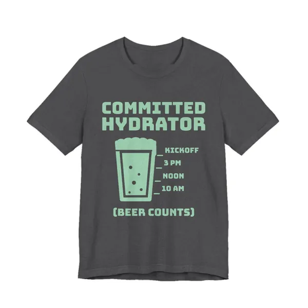 Committed Hydrator (Beer Counts) tee printed in mint green ink on a dark grey heather shirt