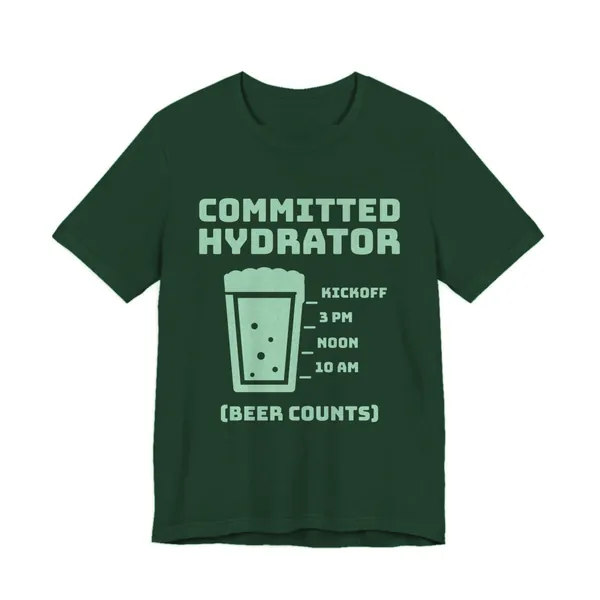 Committed Hydrator (Beer Counts) tee printed in mint green ink on a forest shirt