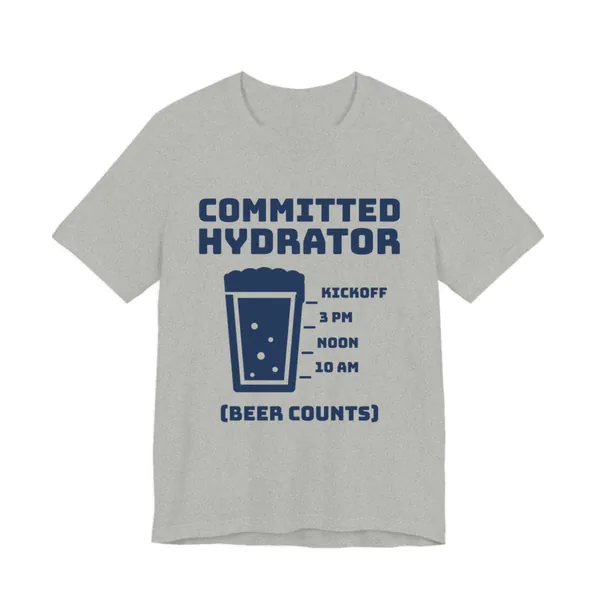 Committed Hydrator (Beer Counts) tee printed in navy blue ink on a athletic heather shirt