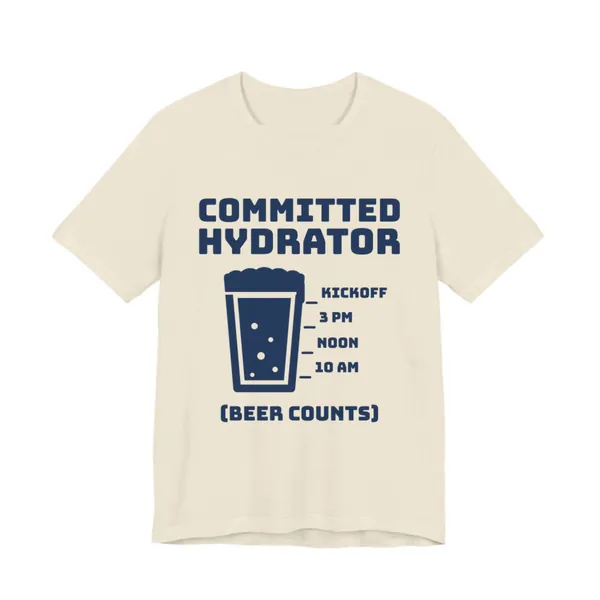 Committed Hydrator (Beer Counts) tee printed in navy blue ink on a natural shirt