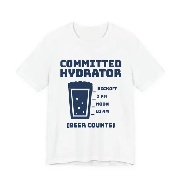 Committed Hydrator (Beer Counts) tee printed in navy blue ink on a white shirt
