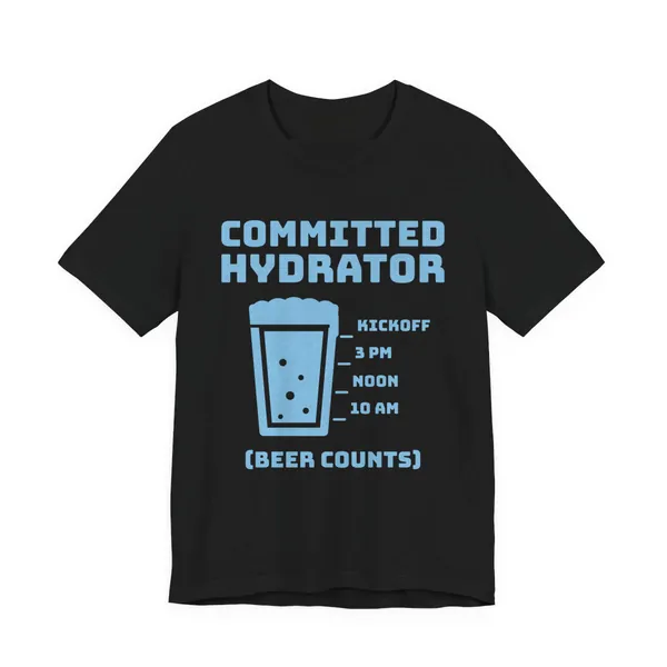 Committed Hydrator (Beer Counts) tee printed in sky blue ink on a black shirt