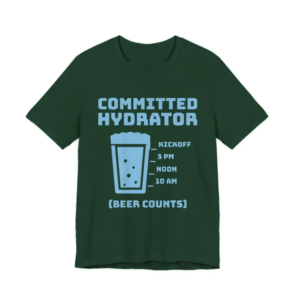 Committed Hydrator (Beer Counts) tee printed in sky blue ink on a forest shirt