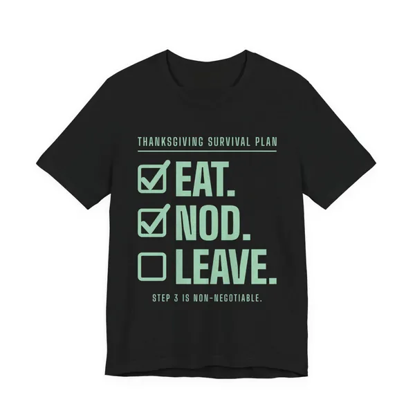 Eat. Nod. Leave. tee printed in mint green ink on a black shirt