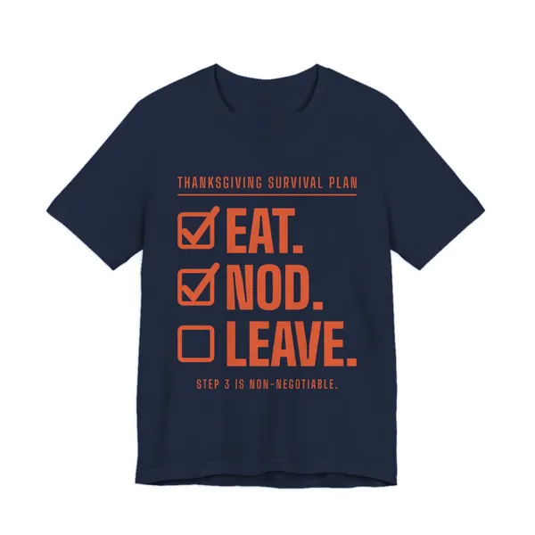 Eat. Nod. Leave. tee printed in orange ink on a navy shirt
