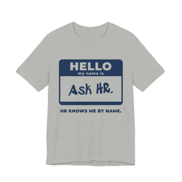 HR Knows Me by Name tee printed in navy blue ink on a athletic heather shirt