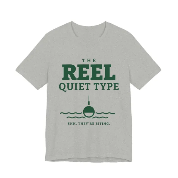 The Reel Quiet Type tee printed in forest green ink on a athletic heather shirt