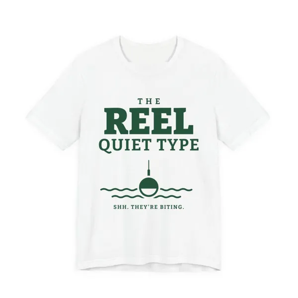The Reel Quiet Type tee printed in forest green ink on a white shirt