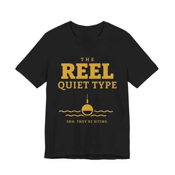 The Reel Quiet Type tee printed in gold ink on a black shirt