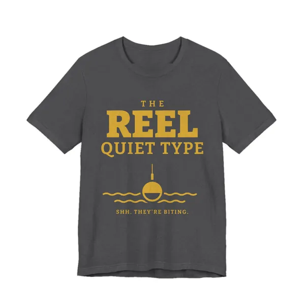 The Reel Quiet Type tee printed in gold ink on a dark grey heather shirt