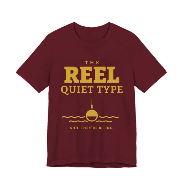 The Reel Quiet Type tee printed in gold ink on a maroon shirt