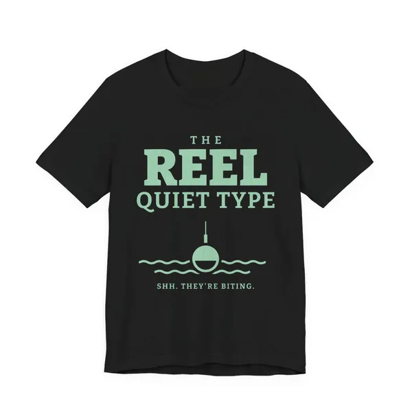 The Reel Quiet Type tee printed in mint green ink on a black shirt