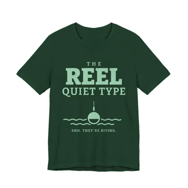 The Reel Quiet Type tee printed in mint green ink on a forest shirt