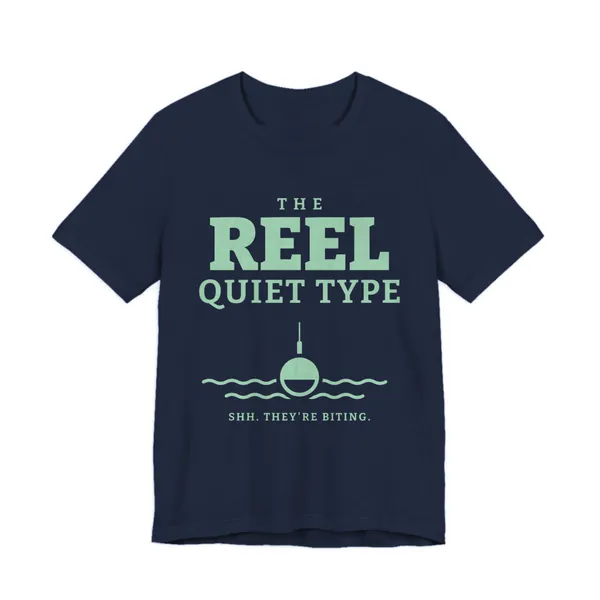 The Reel Quiet Type tee printed in mint green ink on a navy shirt