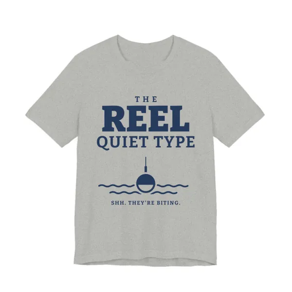 The Reel Quiet Type tee printed in navy blue ink on a athletic heather shirt