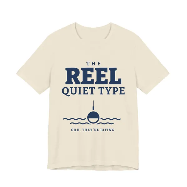 The Reel Quiet Type tee printed in navy blue ink on a natural shirt