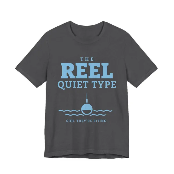 The Reel Quiet Type tee printed in sky blue ink on a dark grey heather shirt