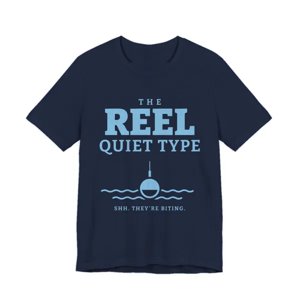 The Reel Quiet Type tee printed in sky blue ink on a navy shirt