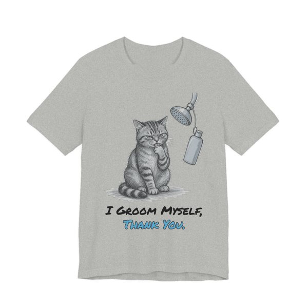 Athletic Heather t-shirt printed in full-color print with a full-color pencil drawing of a cat licking its paw next to a shower head and a shampoo bottle and the words “I Groom Myself, Thank You.”