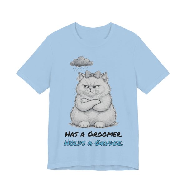 Baby Blue t-shirt printed in full-color print with a full-color pencil drawing of a scowling white cat with a bow and a rain cloud and the words “Has a Groomer. Holds a Grudge.”