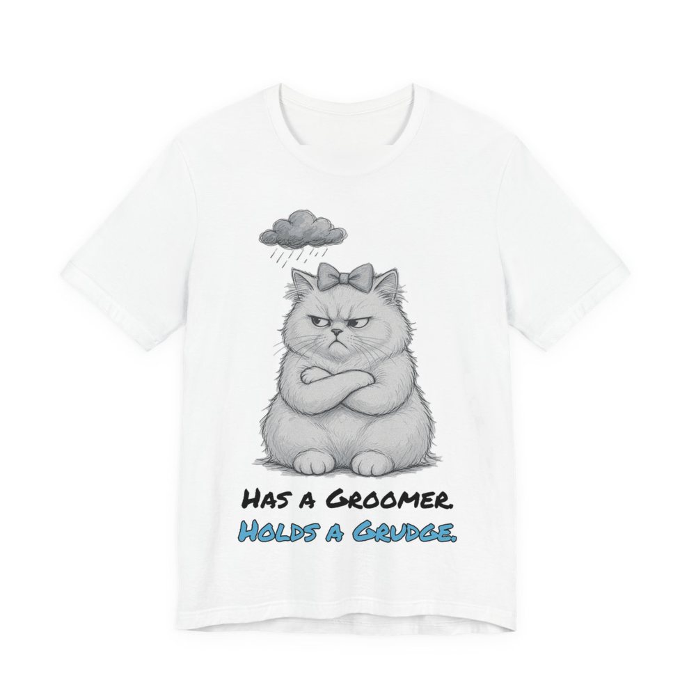 White t-shirt printed in full-color print with a full-color pencil drawing of a scowling white cat with a bow and a rain cloud and the words “Has a Groomer. Holds a Grudge.”