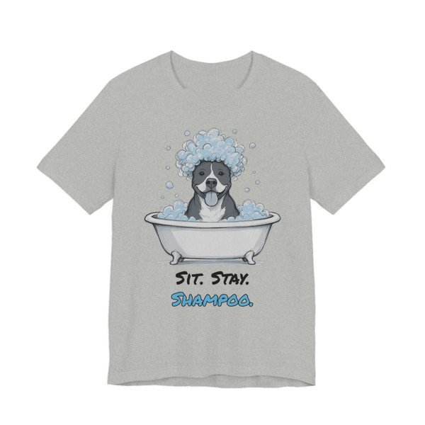Athletic Heather t-shirt printed in full-color print with a full-color pencil drawing of a pit bull with a head full of bubbles in a clawfoot tub and the words “Sit. Stay. Shampoo.”