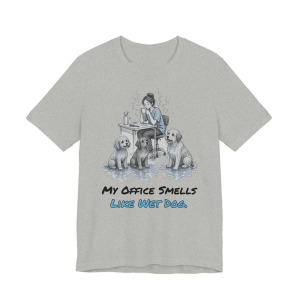 Athletic Heather t-shirt printed in full-color print with a full-color pencil drawing of a groomer at a desk surrounded by wet dogs and the words “My Office Smells Like Wet Dog.”