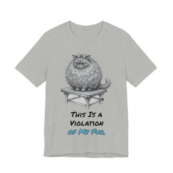 Athletic Heather t-shirt printed in full-color print with a full-color pencil drawing of a big fluffy cat glaring from a grooming table and the words “This Is a Violation of My Fur.”