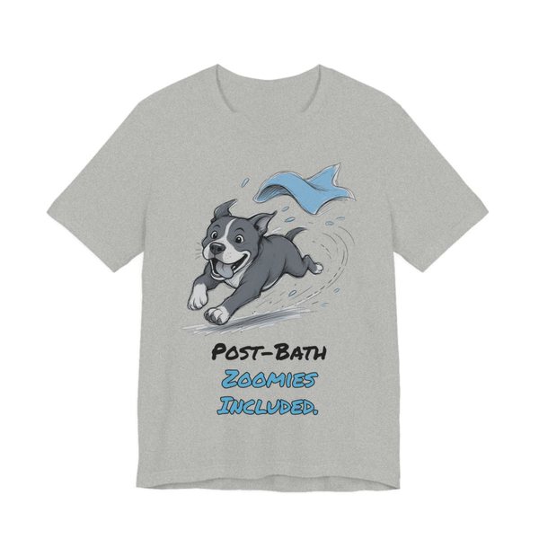 Athletic Heather t-shirt printed in full-color print with a full-color pencil drawing of a pit bull sprinting away from a flying blue towel and the words “Post-Bath Zoomies Included.”
