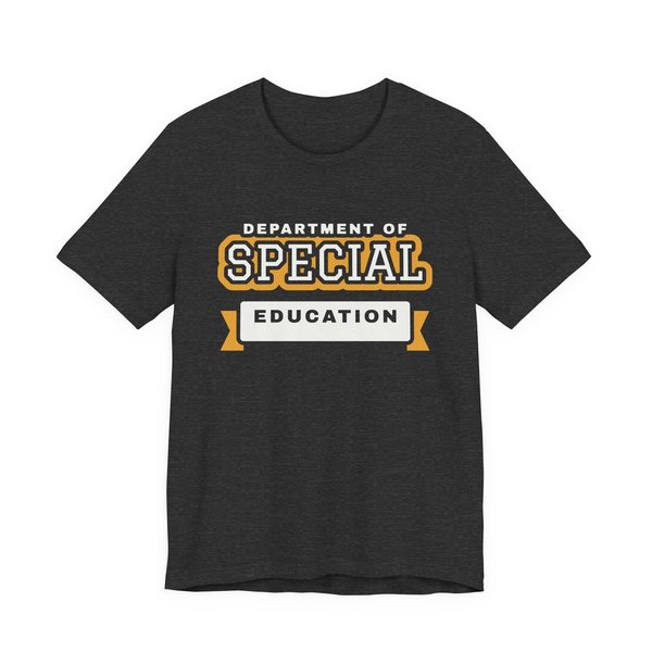 Department of Special Education tee in dark grey heather, off-white and mustard gold ink