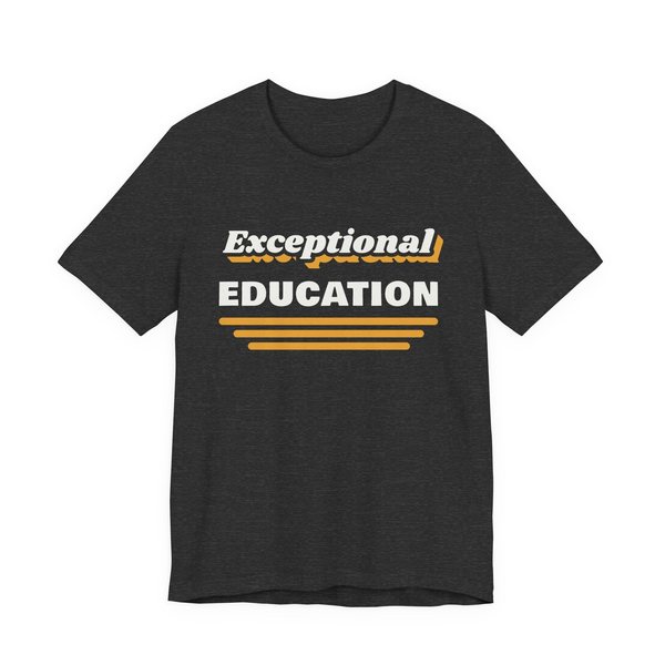 Exceptional Education tee in dark grey heather, off-white and mustard gold ink