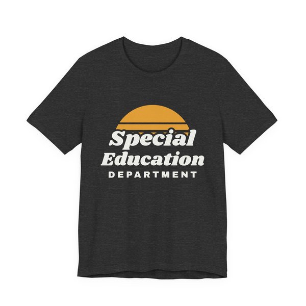 Special Education Department tee in dark grey heather, off-white and mustard gold ink