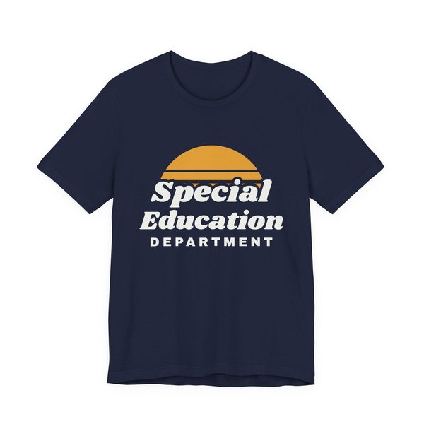 Special Education Department tee in navy, off-white and mustard gold ink